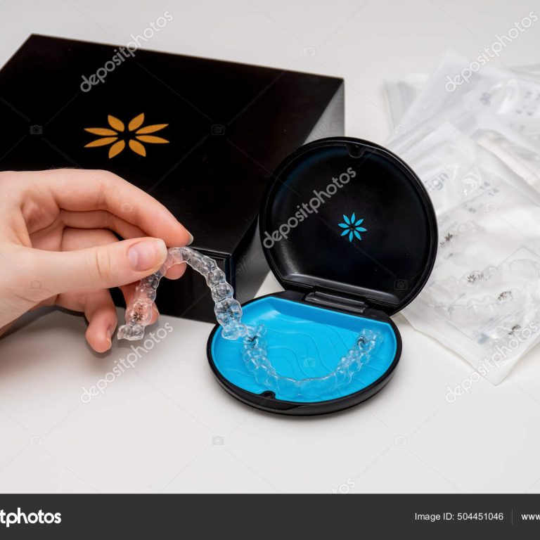 Sydney, Australia, 2021-08-23 Invisalign aligners in a box. Invisible bracers. Clear teeth straighteners. Clear plastic bracers